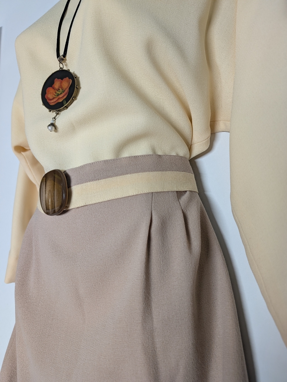 Cream and Taupe Pencil Skirt Bat Wing Dress Classic Vintage Handmade Classic - Picture 3 of 15